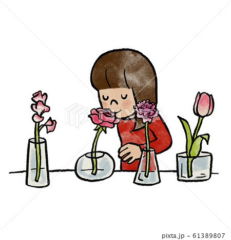 花の匂いを嗅ぐ女の子のイラスト素材