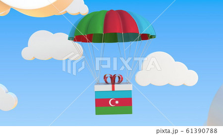 Box with national flag of Azerbaijan falls with a parachute. 3D rendering Box with national flag of Azerbaijan falls with a parachute. 3D rendering 61390788