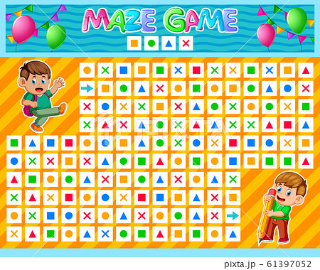 Maze game for children. Find the correct path by the pattern. Cartoon cute boy of illustration	 61397052
