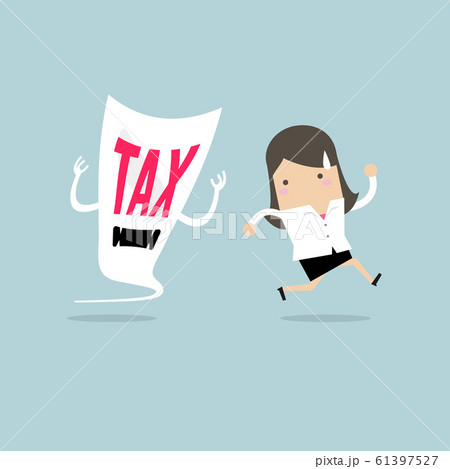 Businesswoman run away from tax devil. Businesswoman run away from tax devil. 61397527