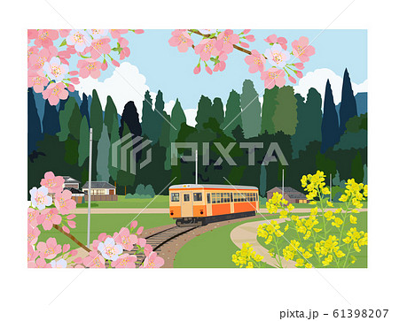 春の景色 桜と電車のイラスト素材