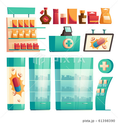 Elements of pharmacy interior, drugstore set Elements of pharmacy interior, drugstore set 61398390