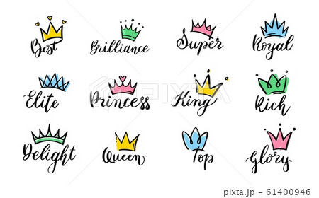 Crown hand drawn lettering. Queen crown icons, calligraphy tiara and colorful diadem vector illustration set. Symbols of royal power pack. Beautiful diadem and luxurious decals collection Crown hand drawn lettering. Queen crown icons, calligraphy tiara and colorful diadem vector illustration set. Symbols of royal power pack. Beautiful diadem and luxurious decals collection 61400946