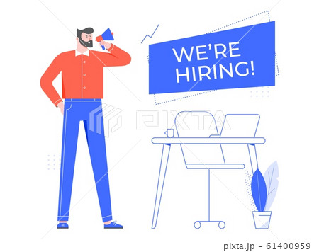We are hiring. Vacant workplace, team manager hiring new staff and hire employee in office. Headhunter flat vector illustration. Recruiting, HR specialist cartoon character with speaker banner 61400959