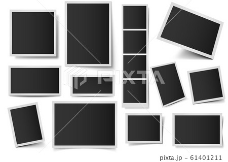 Photo card frames. Rectangular instant photos, square snapshot frame and photo snap with realistic shadow vector set. Blank 3d frames pack. Plastic borders isolated on white background 61401211