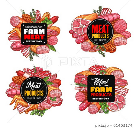 Butcher shop meat sketch, butchery sausages 61403174