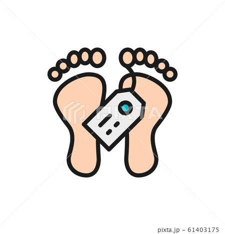 Feet with tag, morgue, dead body flat color line icon. 61403175