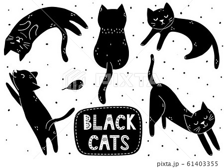 Cute Black Cat Set Doodle Kitten In Different のイラスト素材