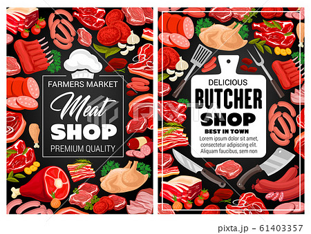 Butcher shop meat and sausages, butchery food Butcher shop meat and sausages, butchery food 61403357