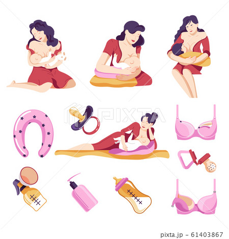 Feeding newborn baby, motherhood equipment, breastfeeding icons Feeding newborn baby, motherhood equipment, breastfeeding icons 61403867