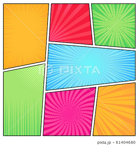 Comic book frames. Cartoon fun bright superhero comics style frame, books cover, stripes texture elements vector illustration set. Popart style page with empty space and radial halftone effect 61404680