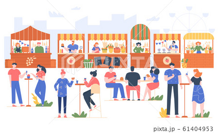Outdoor food fest. People in fast food cafe, visiting park with family and friends. Characters eating in street cafe, friendly people outdoor recreate vector illustration. Fruit and vegetable counters 61404953