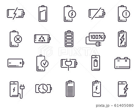 Powered charge icon. Battery charging, smartphone power level, electric charge station and recycle line art elements for UI design vector isolated icons set. Contour pictograms. Battery life indicator 61405080