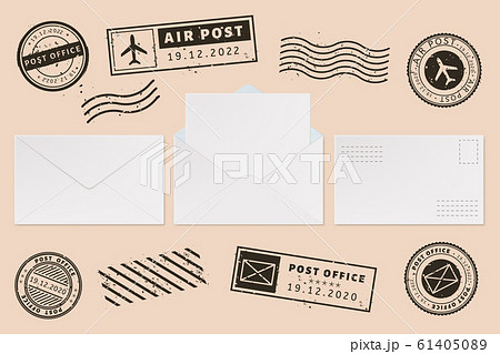 Envelope template with stamp label. Mail letter and post stamps, open mail envelope with blank paper letter sheet, mail office business mockups vector illustration set. Postage mark. Permit imprints Envelope template with stamp label. Mail letter and post stamps, open mail envelope with blank paper letter sheet, mail office business mockups vector illustration set. Postage mark. Permit imprints 61405089