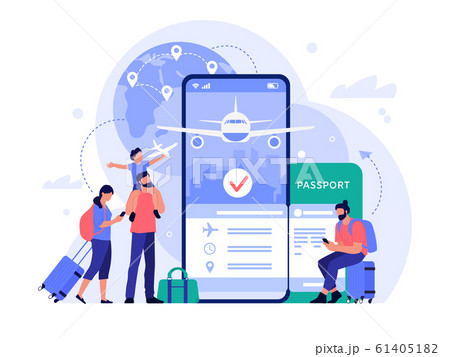 Air travel ticket buying app. People buying tickets online, phone booking service for tourism and vacation, travel concept vector illustration. Flight search tool. Tourists making reservation Air travel ticket buying app. People buying tickets online, phone booking service for tourism and vacation, travel concept vector illustration. Flight search tool. Tourists making reservation 61405182