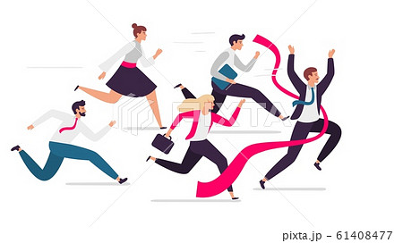 Office team crosses finish line. Team leader tears red finish ribbon, teamwork competition and successful professionals run together flat vector illustration Office team crosses finish line. Team leader tears red finish ribbon, teamwork competition and successful professionals run together flat vector illustration 61408477