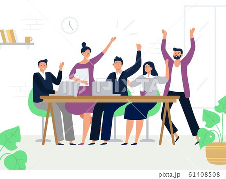 Excited office workers team. Successful managers, happy professional work group and colleagues rejoicing together. Teamwork flat vector illustration 61408508