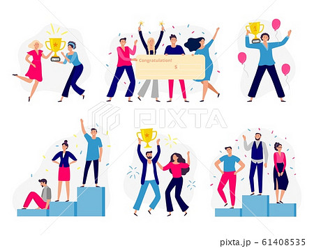 Winners people. Happy couple win gold cup, office workers team win cash check and successful winner standing on podium flat vector illustration set 61408535