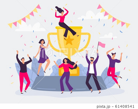 Winners team. Happy people win golden cup, successful champions dancing and celebrating victory flat vector illustration 61408541