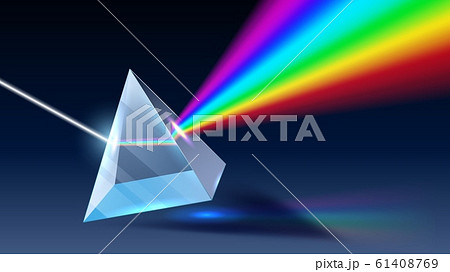 Realistic prism. Light dispersion, rainbow spectrum and optical effect realistic 3D vector illustration Realistic prism. Light dispersion, rainbow spectrum and optical effect realistic 3D vector illustration 61408769