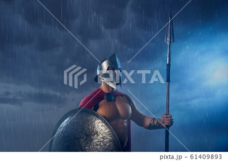 Spartan warrior with spear and shield. 61409893