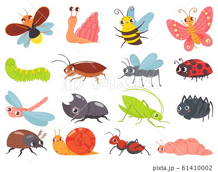 Cartoon bugs. Baby insect, funny happy bug and cute ladybug vector set 61410002