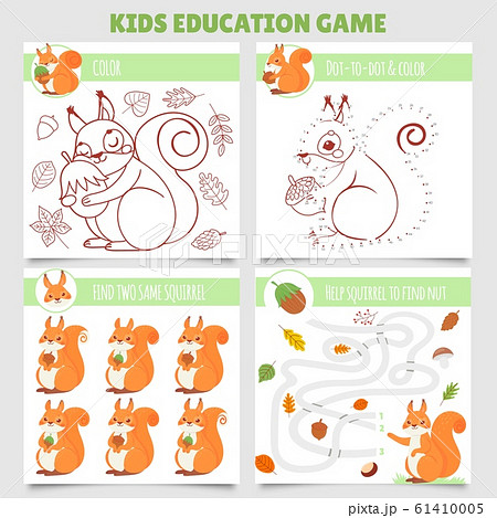 Cartoon squirrel kids games. Find two same pictures, squirrel and nut maze, coloring game and dot to dot vector illustration set Cartoon squirrel kids games. Find two same pictures, squirrel and nut maze, coloring game and dot to dot vector illustration set 61410005