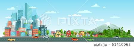 Urban road with cars landscape. City road traffic, big city buildings, suburban houses and wild nature landscape vector illustration 61410062