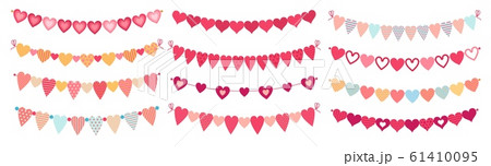 Bunting hearts. Love valentines heart shapes buntings, wedding day decorations and ornament cute heart flags vector set 61410095