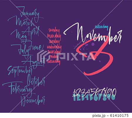 Months. Numbers from 0 to 9. Days of the week 61410175