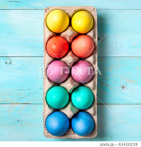 Easter concept, top view, blue wood Easter concept, top view, blue wood 61410239