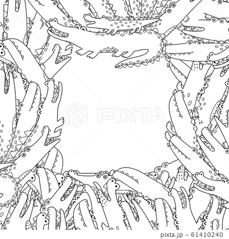 Black and white frame with funny crocodiles in coloring page style Black and white frame with funny crocodiles in coloring page style 61410240