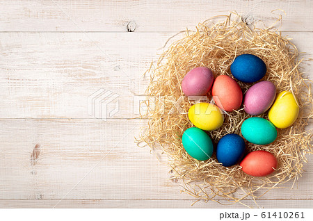Easter concept, copy space, top view. Colorful eggs 61410261