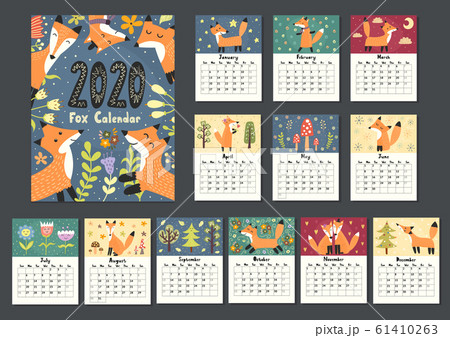 Awesome fox calendar for 2020 year. Twelve months background 61410263