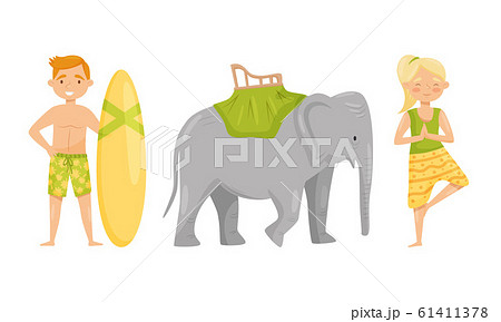 Man with Surfboard and Woman Standing in Yoga Pose Vector Set Man with Surfboard and Woman Standing in Yoga Pose Vector Set 61411378