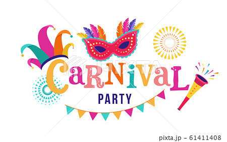 Carnival, party, Rio Carnaval, Purim background with confetti, music instruments, masks, clown hat 61411408