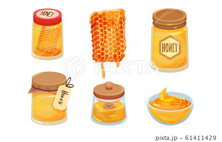 Sugary Honey in Jars and Honey Combs Vector Set 61411429