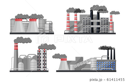 Industrial Buildings and Factories Vector Set. Plants with Chimneys Discharging Manufacturing Smoke 61411455