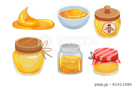 Sugary Honey in Jars and Ceramic Bowls Vector Set Sugary Honey in Jars and Ceramic Bowls Vector Set 61411490