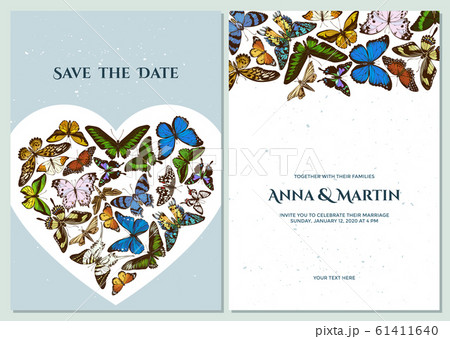 Wedding invitation card with colored morpho menelaus, graphium androcles, morpho rhetenor cacica, papilio demoleus, cethosia biblis, papilio antimachus, alcides agathyrsus, ornithoptera priamus 61411640