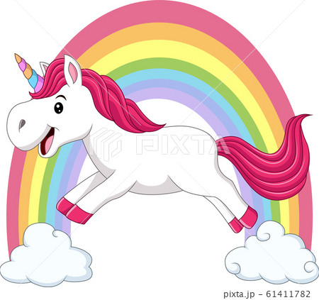 Cute magical unicorn walking on the clouds and rainbow 61411782