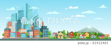 Suburban and urban cityscape. Modern city architecture, suburban or village houses and summer landscape vector illustration. Metropolis skyline and suburbs. Business center and countryside panorama Suburban and urban cityscape. Modern city architecture, suburban or village houses and summer landscape vector illustration. Metropolis skyline and suburbs. Business center and countryside panorama 61412481