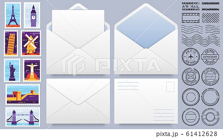 Mail envelope with post stamps. Postage stamp, stamps frames and realistic mail envelopes mockup template vector set. Open and closed paper envelopes, postal seals and postmarks with landmarks 61412628