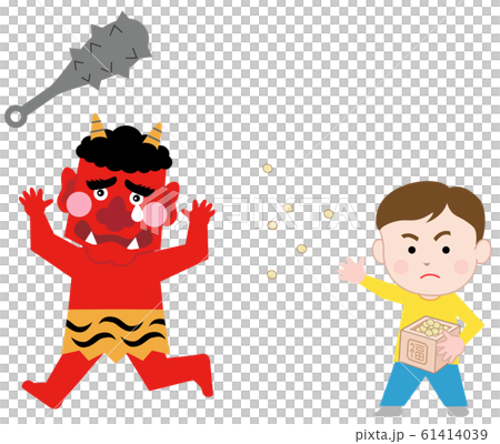Boy throwing beans at ogre on Setsubun Day-white background Boy throwing beans at ogre on Setsubun Day-white background 61414039