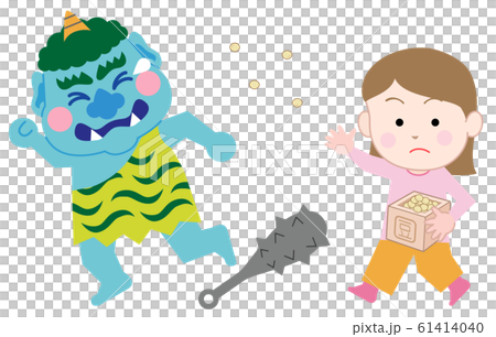Girl throwing beans at demon on Setsubun Day-white background 61414040