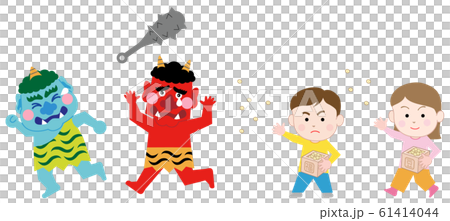 孩子們在Setsubun天白色背景上向惡魔投擲豆類 61414044