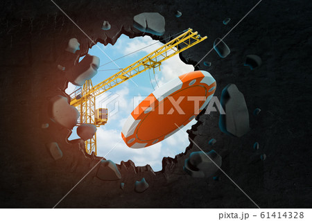 3d rendering of construction crane and orange casino token breaking through black wall 3d rendering of construction crane and orange casino token breaking through black wall 61414328