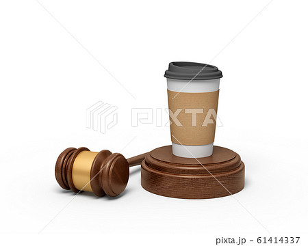 3d rendering of paper coffee cup standing on sounding block with gavel lying beside. 61414337