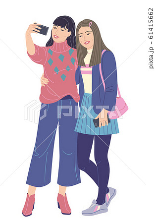 Young Women Taking Selfie Photo on Smartphone Young Women Taking Selfie Photo on Smartphone 61415662