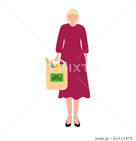 Woman with food purchases. Flat design vector illustration. Consumer set in a package isolated on white 61415879